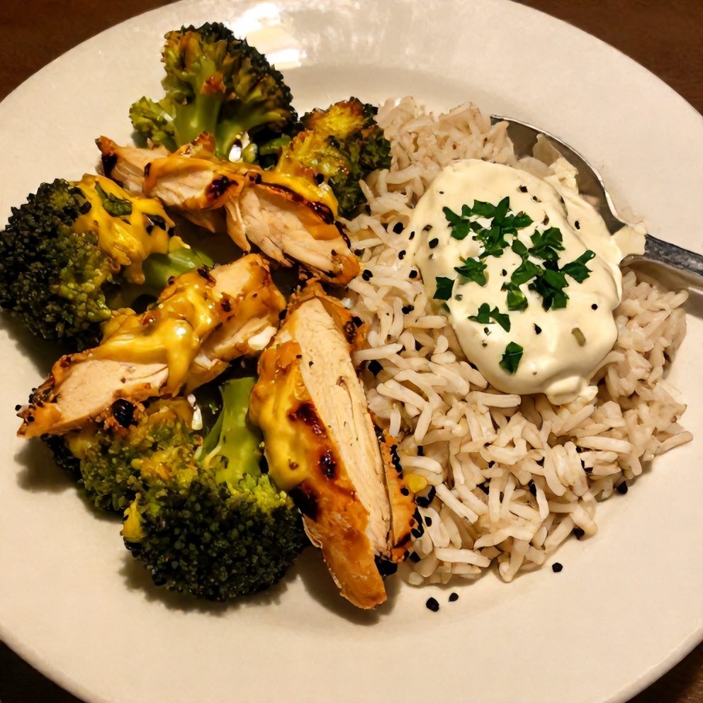 Plated Cheesy Broccoli Chicken and Rice