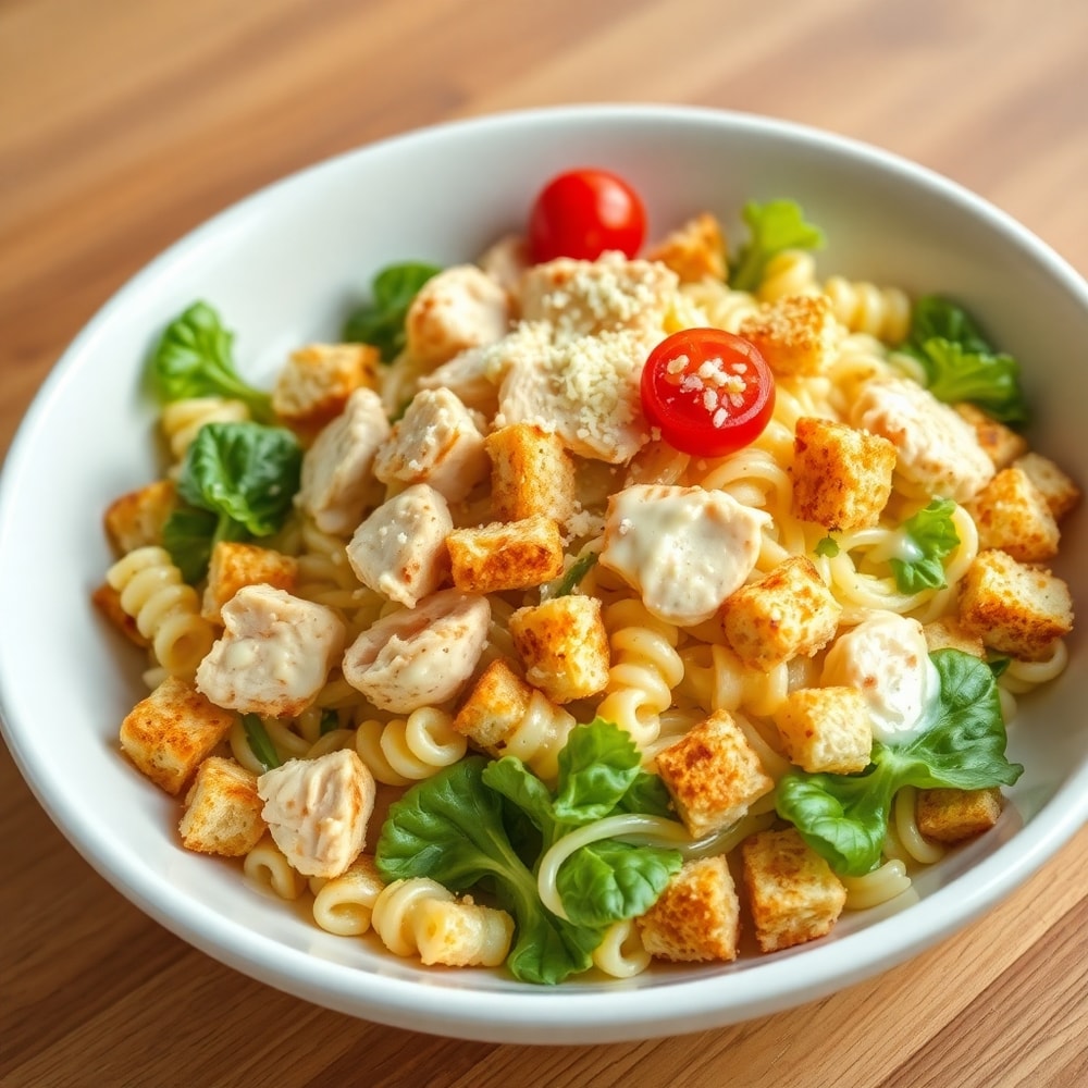 Plated Chicken Caesar Pasta Salad with parmesan and croutons