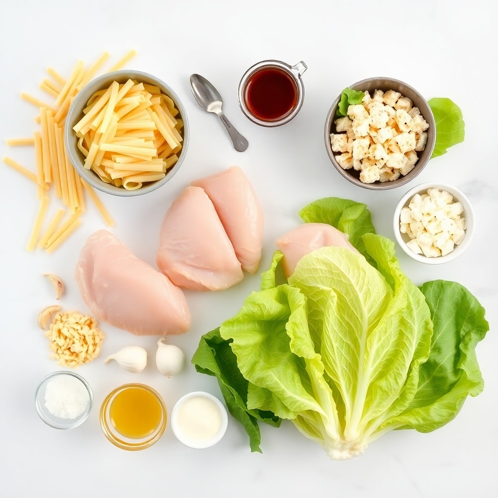 Raw ingredients for Chicken Caesar Pasta Salad