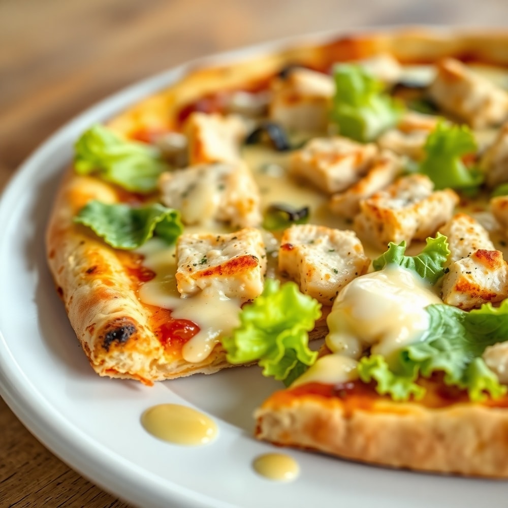 Close-up of Chicken Caesar Salad Pizza with Caesar dressing
