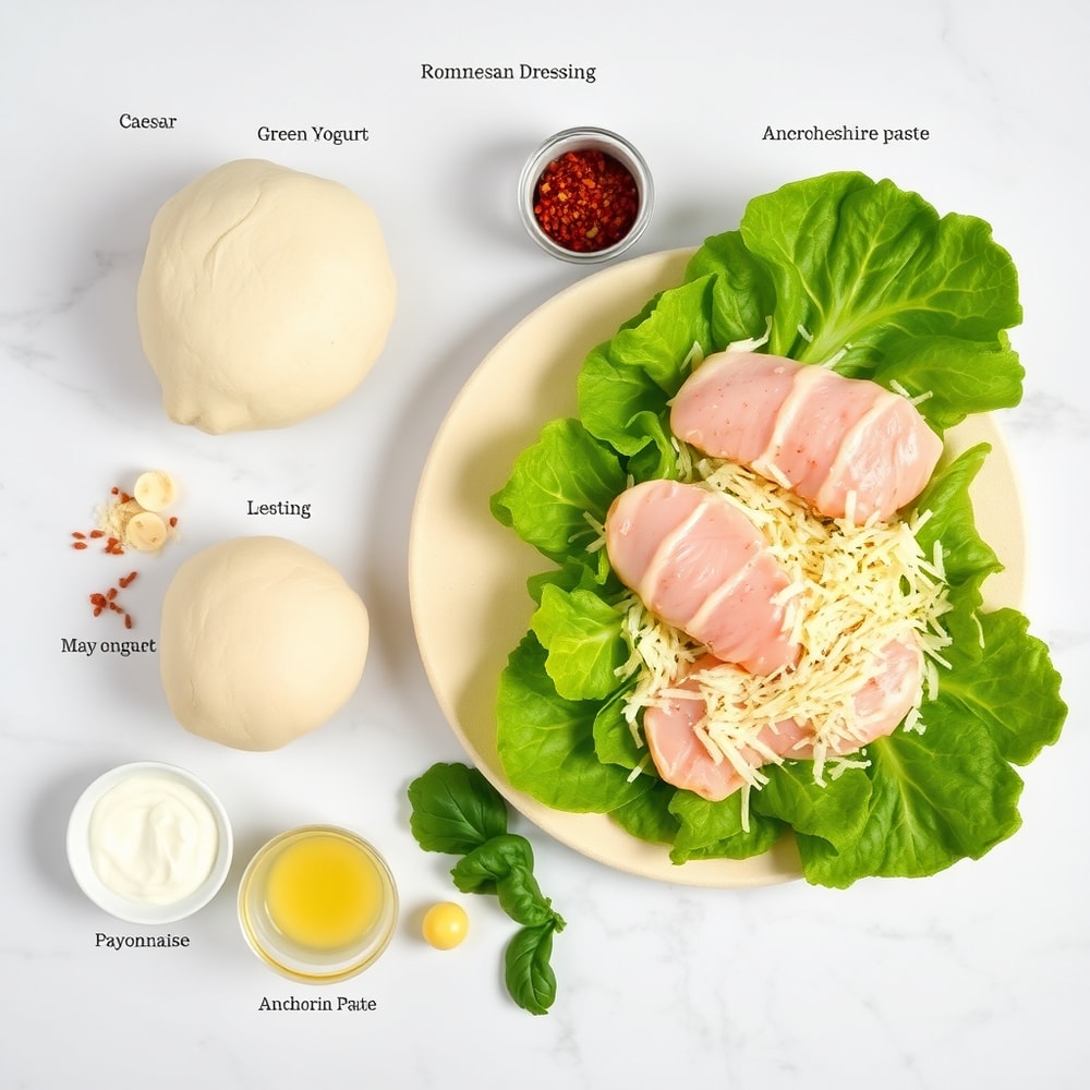 Raw ingredients for Chicken Caesar Salad Pizza on a marble surface