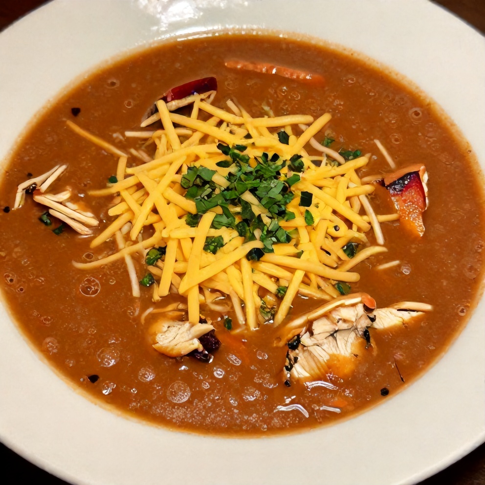 Bowl of Chicken Enchilada Soup with garnish