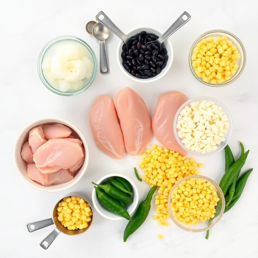 Raw ingredients for Chicken Enchilada Soup arranged in a flat lay