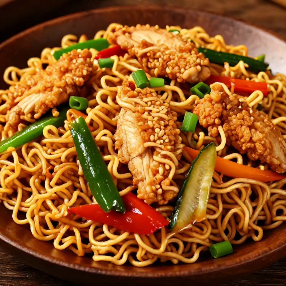 Chicken ramen stir fry plated with crispy chicken, colorful veggies, and tender noodles