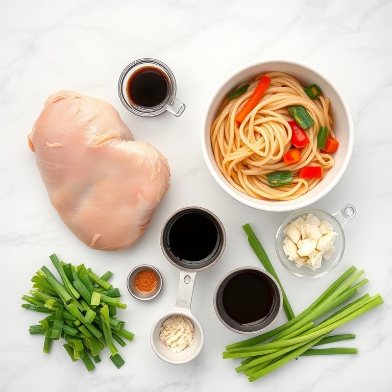 Raw ingredients for chicken ramen stir fry: chicken, ramen noodles, frozen veggies, soy sauce, garlic, ginger, and green onions