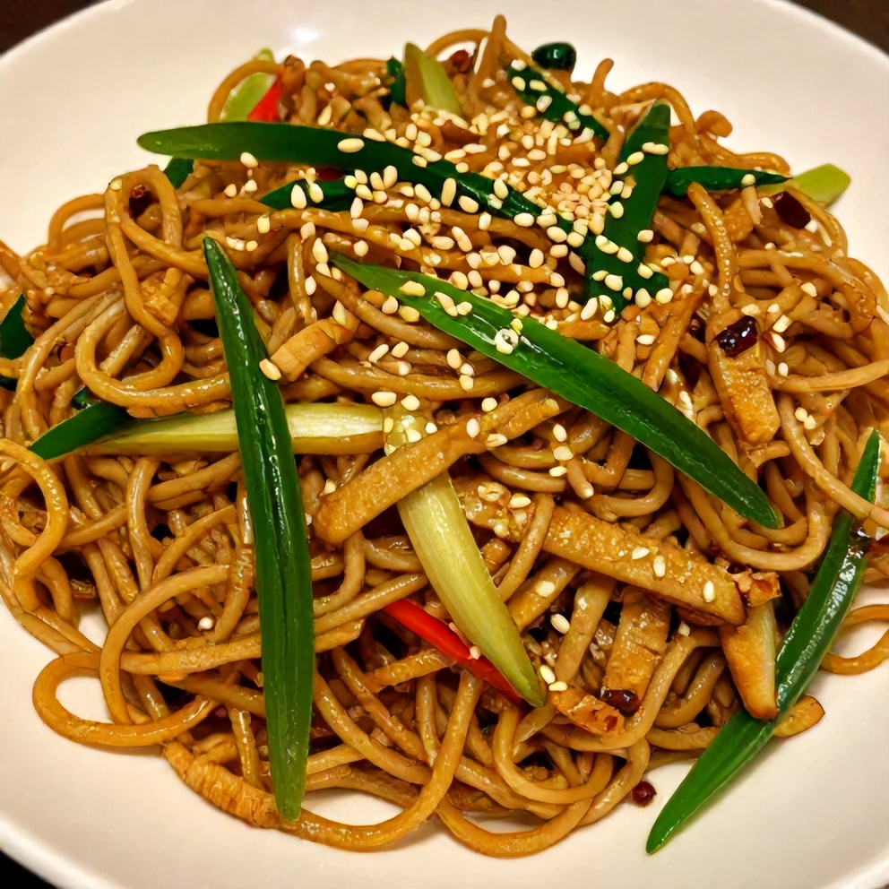 Plate of Chinese Chow Mein with green onions and sesame seeds