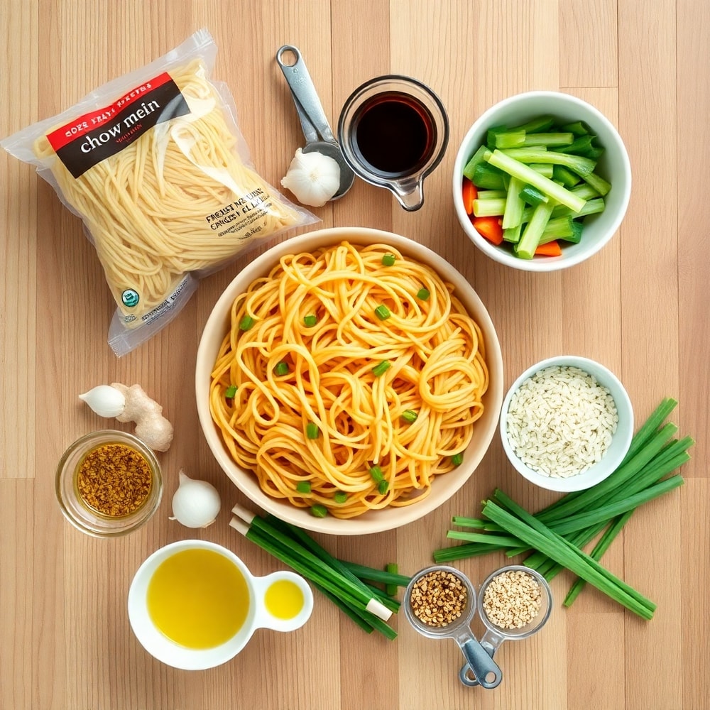 Raw ingredients for Chinese Chow Mein arranged on a wooden surface