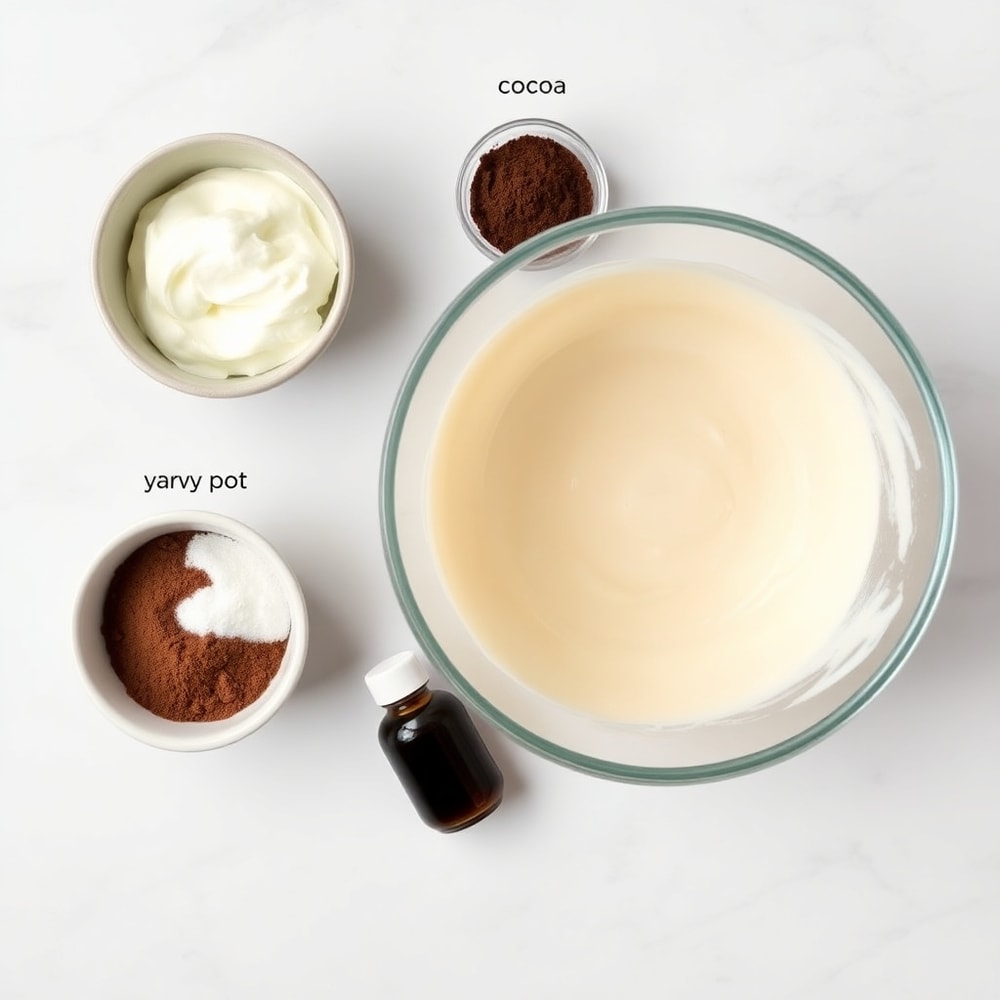 Chocolate Greek Yogurt Ice Cream ingredients flat lay