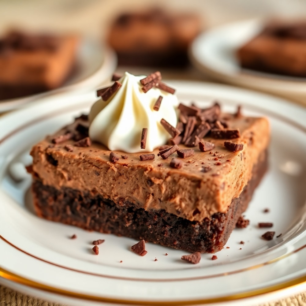Plated chocolate mousse brownies with a dollop of whipped cream