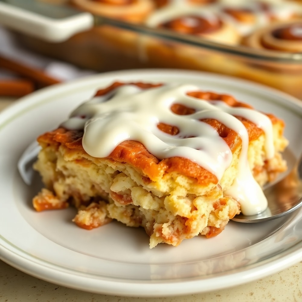 Cinnamon Roll Casserole with cream cheese frosting drizzled on top