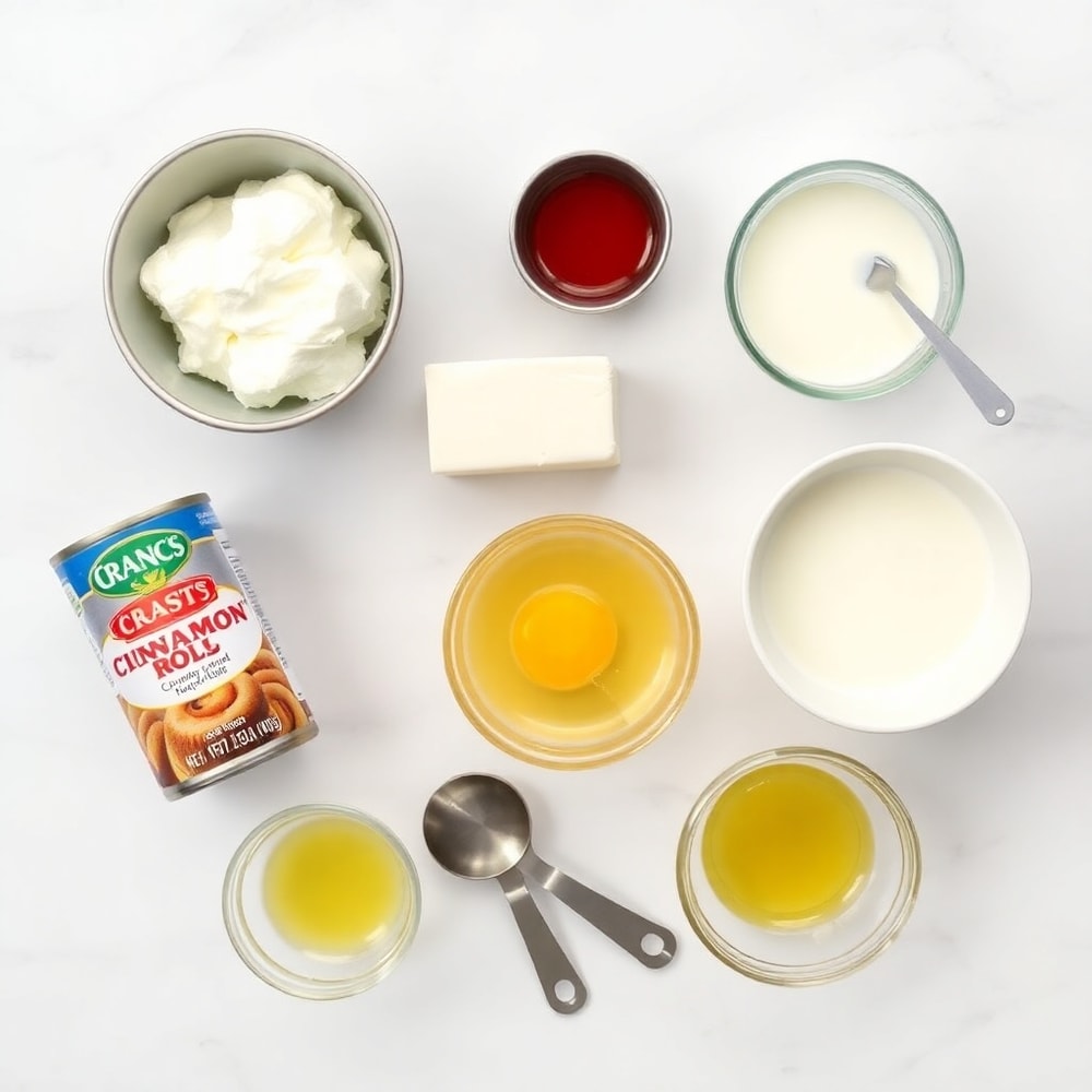 Cinnamon Roll Casserole ingredients - canned cinnamon rolls, cream cheese, eggs, milk, vanilla extract