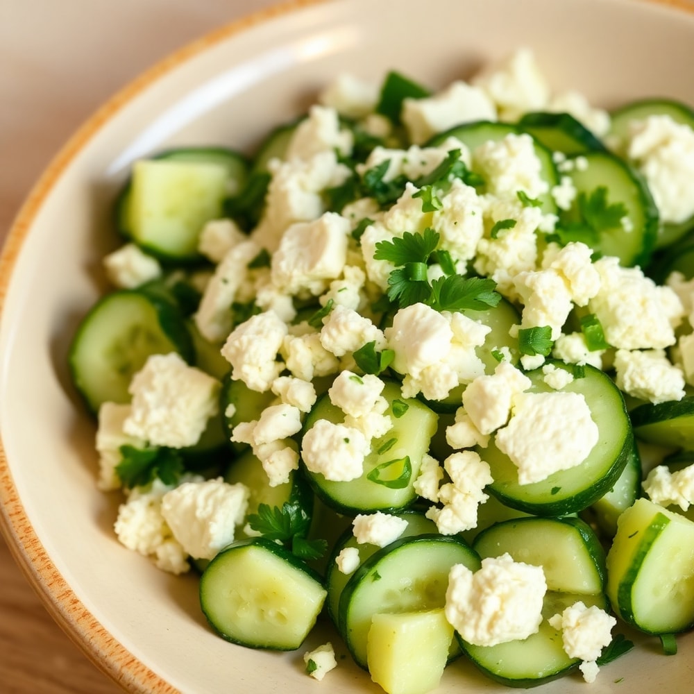 Plated serving of Classic Cucumber Feta Salad with crumbled feta and chopped parsley