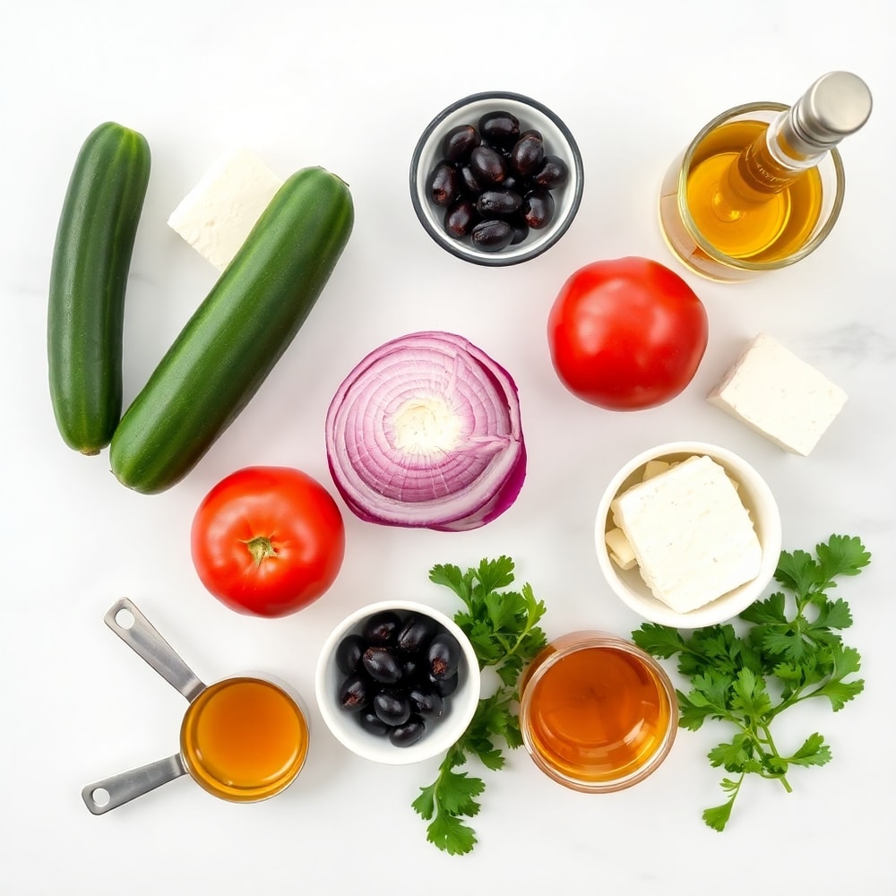 Raw ingredients for Classic Cucumber Feta Salad: cucumbers, red onions, tomatoes, Kalamata olives, feta cheese, fresh parsley, and red wine vinegar
