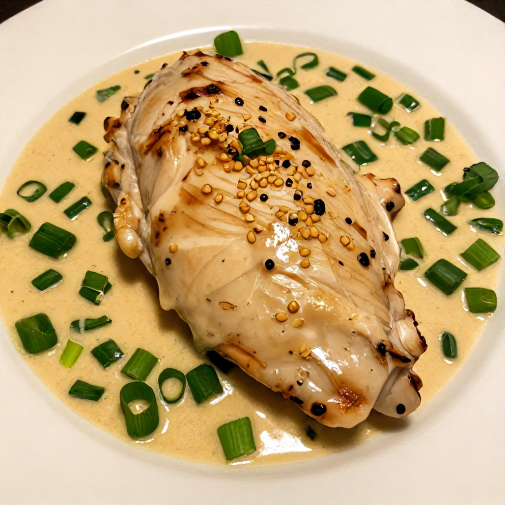 Plated serving of coconut chicken with creamy sauce