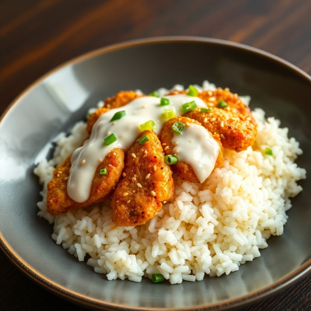 Coconut Chicken Rice Bowl with Crispy Chicken and Garnished with Sesame Seeds