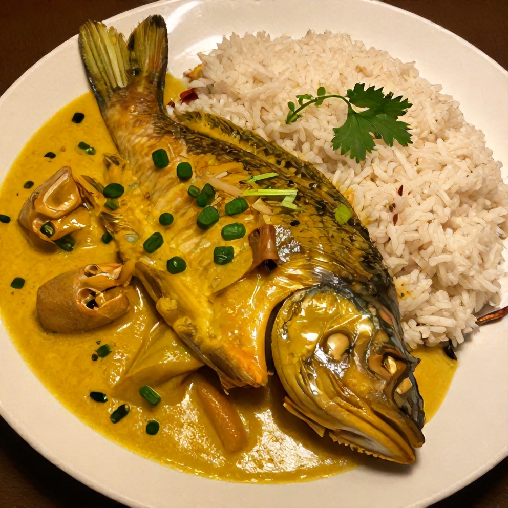 Plated Coconut Lime Fish Curry with Jasmine Rice