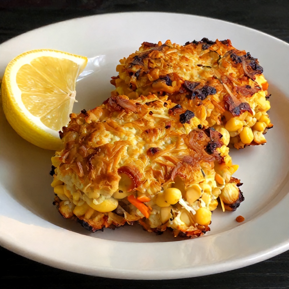 Plated Cornbread Stuffing Crab Cakes with lemon wedge