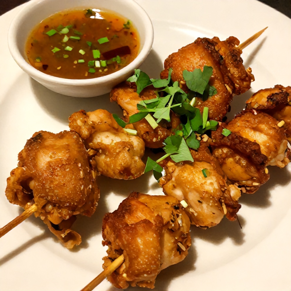 Plated Bang Bang Chicken Skewers with spicy dipping sauce