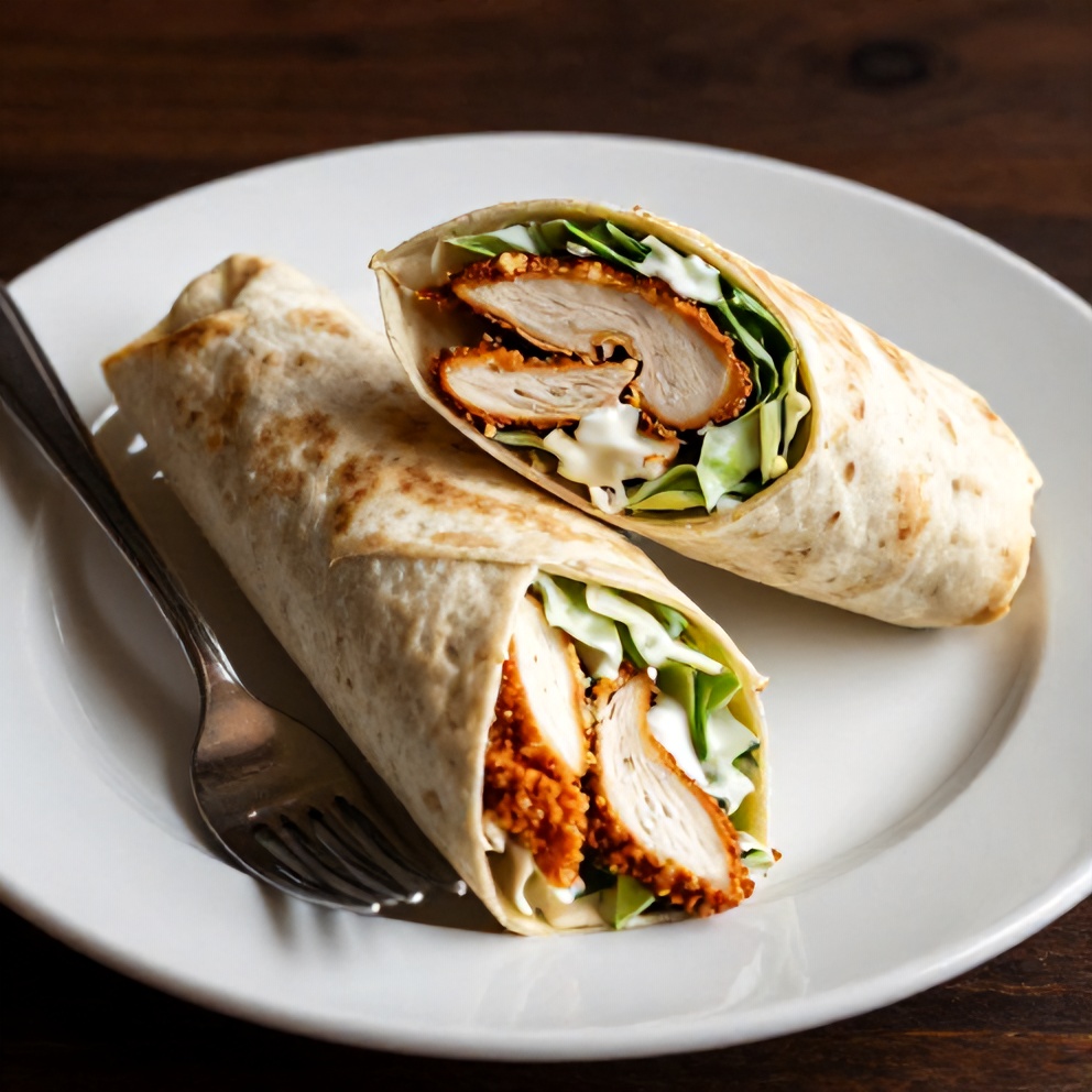 Chicken Caesar Wrap on a white plate with a fork