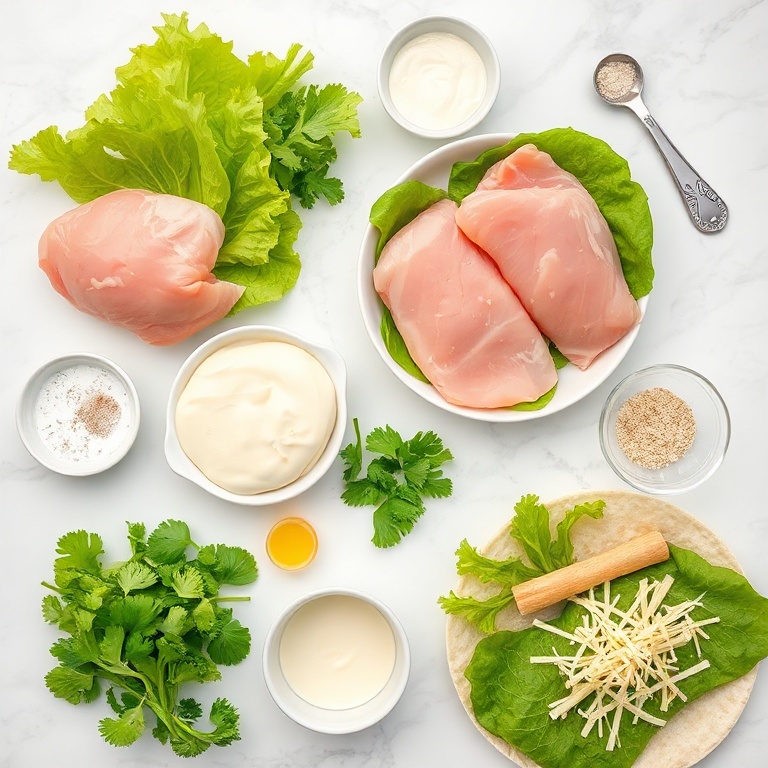 Raw ingredients for Chicken Caesar Wrap on a marble surface