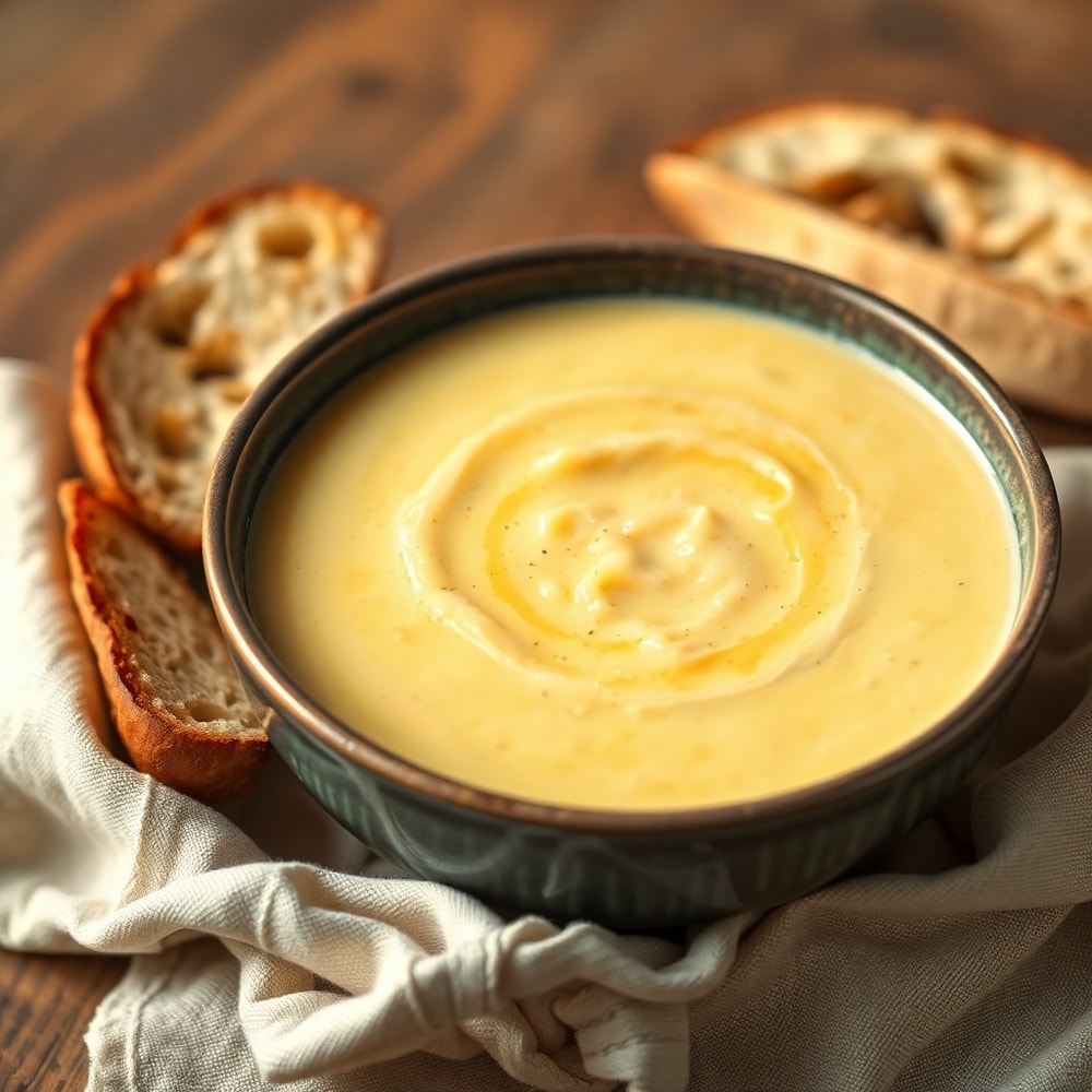 Bowl of creamy potato soup with a side of crusty bread