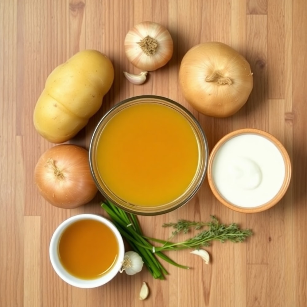 Potatoes, onion, garlic, chicken broth, and heavy cream arranged on a wooden surface