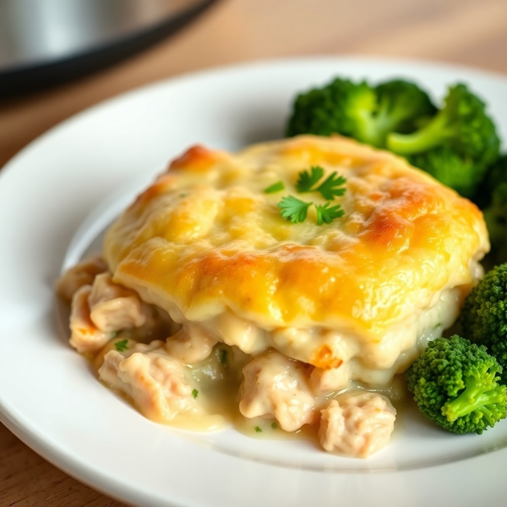Plated serving of Crockpot Chicken Pot Pie with steamed broccoli