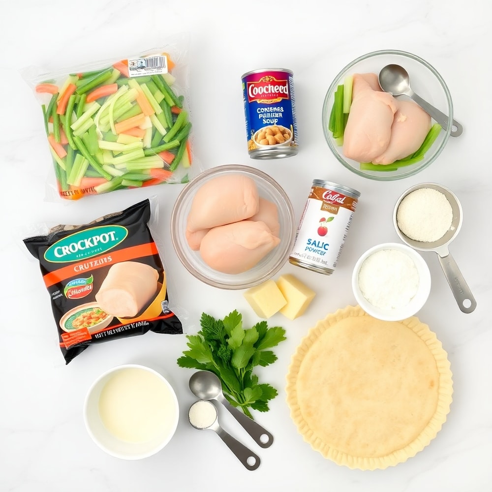 Raw ingredients for Crockpot Chicken Pot Pie on marble surface