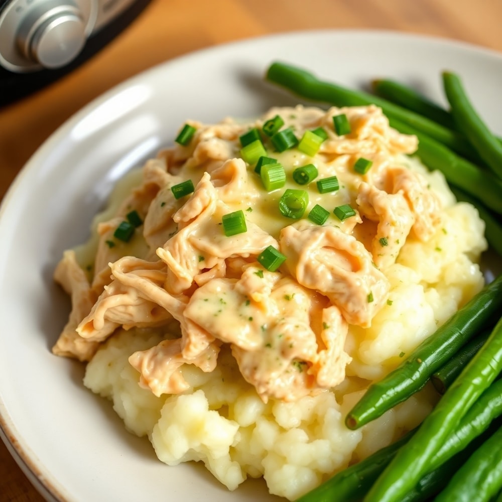 Crockpot Garlic Herb Chicken served over mashed potatoes with a side of steamed green beans