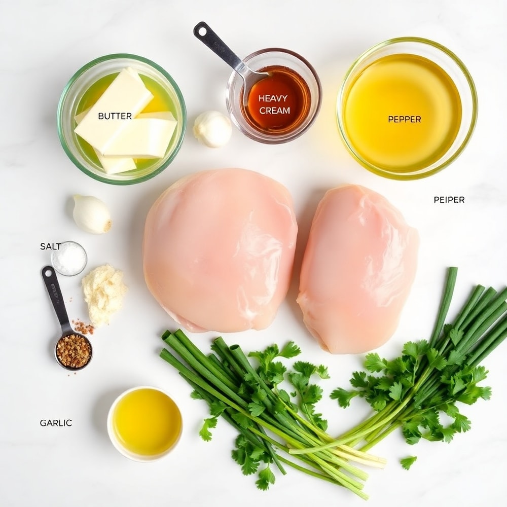 Crockpot Garlic Herb Chicken ingredients: chicken breasts, garlic, butter, heavy cream, chicken broth, salt, pepper, Italian seasoning, green onions, parsley