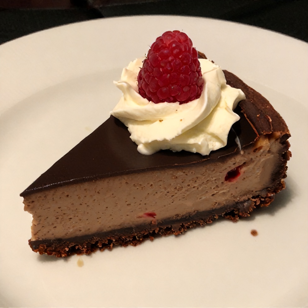 Sliced Dark Chocolate Raspberry Cheesecake on a white plate