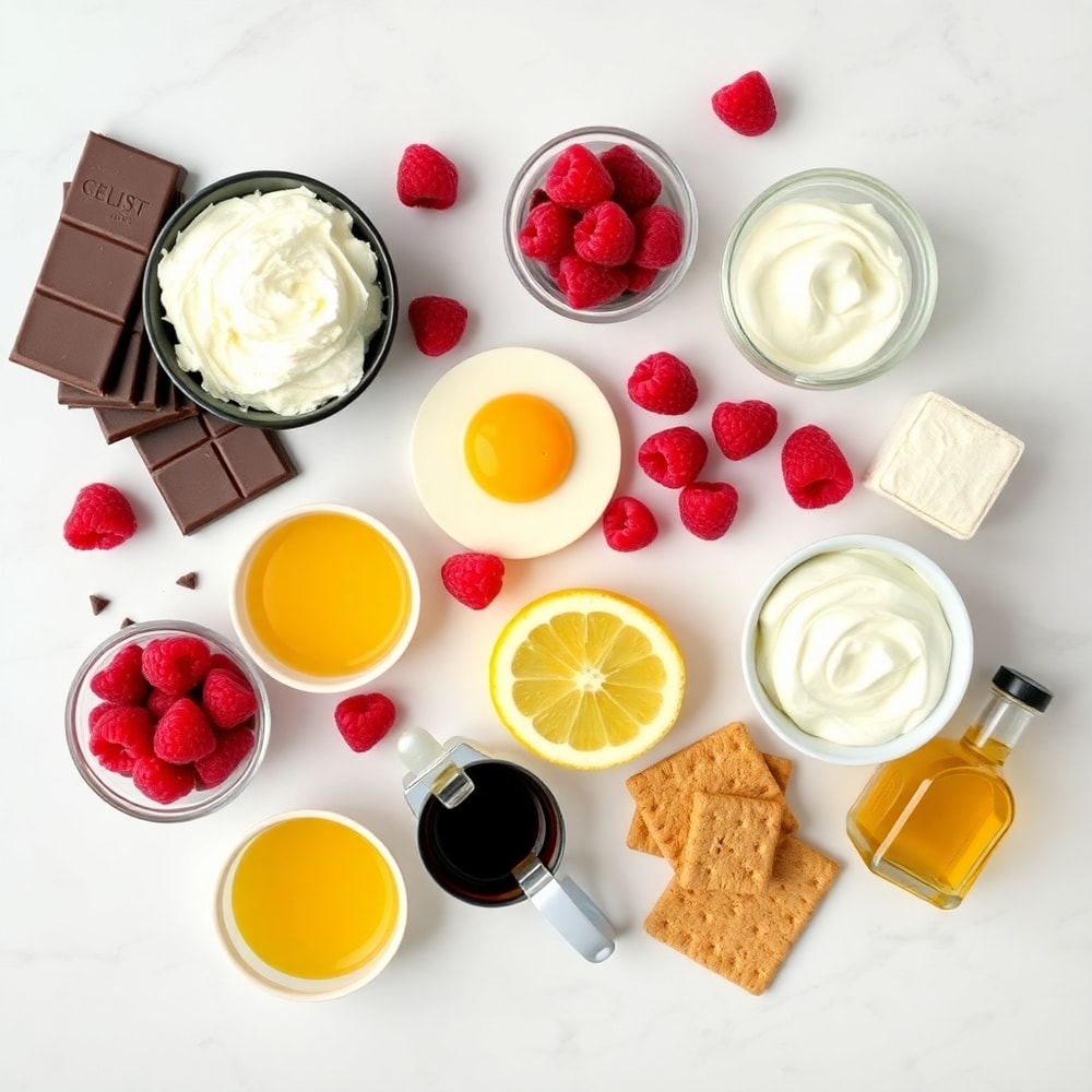 Dark Chocolate Raspberry Cheesecake ingredients on a white marble surface