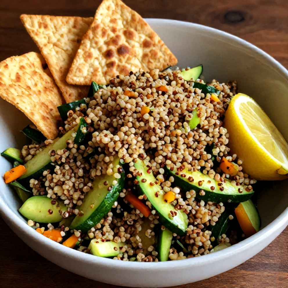 Quinoa Tabbouleh Salad served in a bowl with a lemon wedge