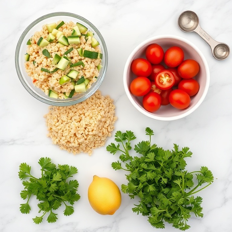 Raw ingredients for Quinoa Tabbouleh Salad on a marble surface