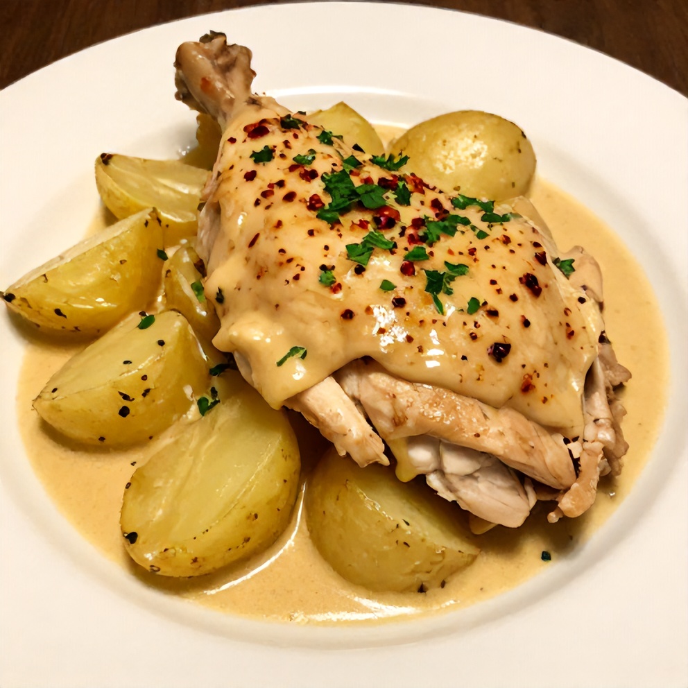 Plated Garlic Parmesan Chicken and Potatoes