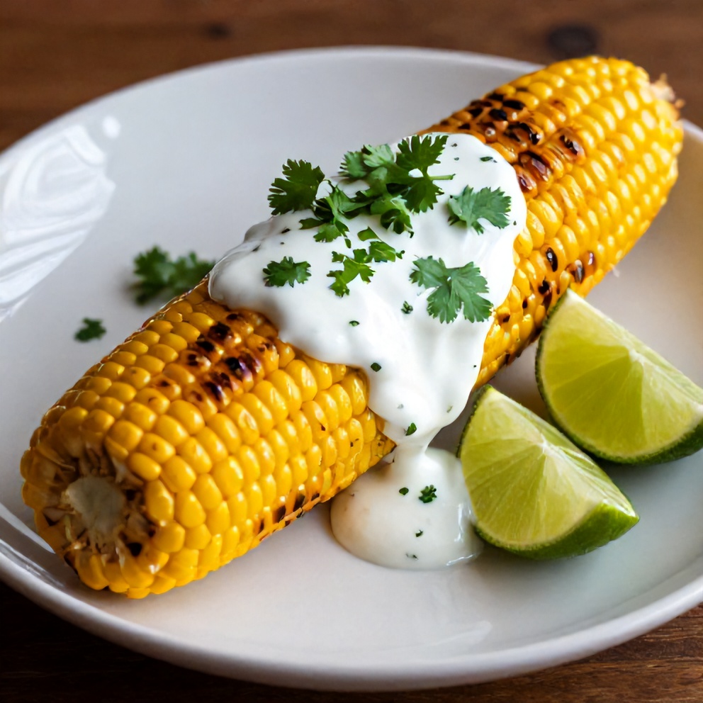 Plated grilled corn on the cob with chili lime yogurt sauce