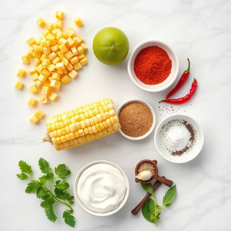Raw ingredients for grilled corn with chili lime yogurt sauce