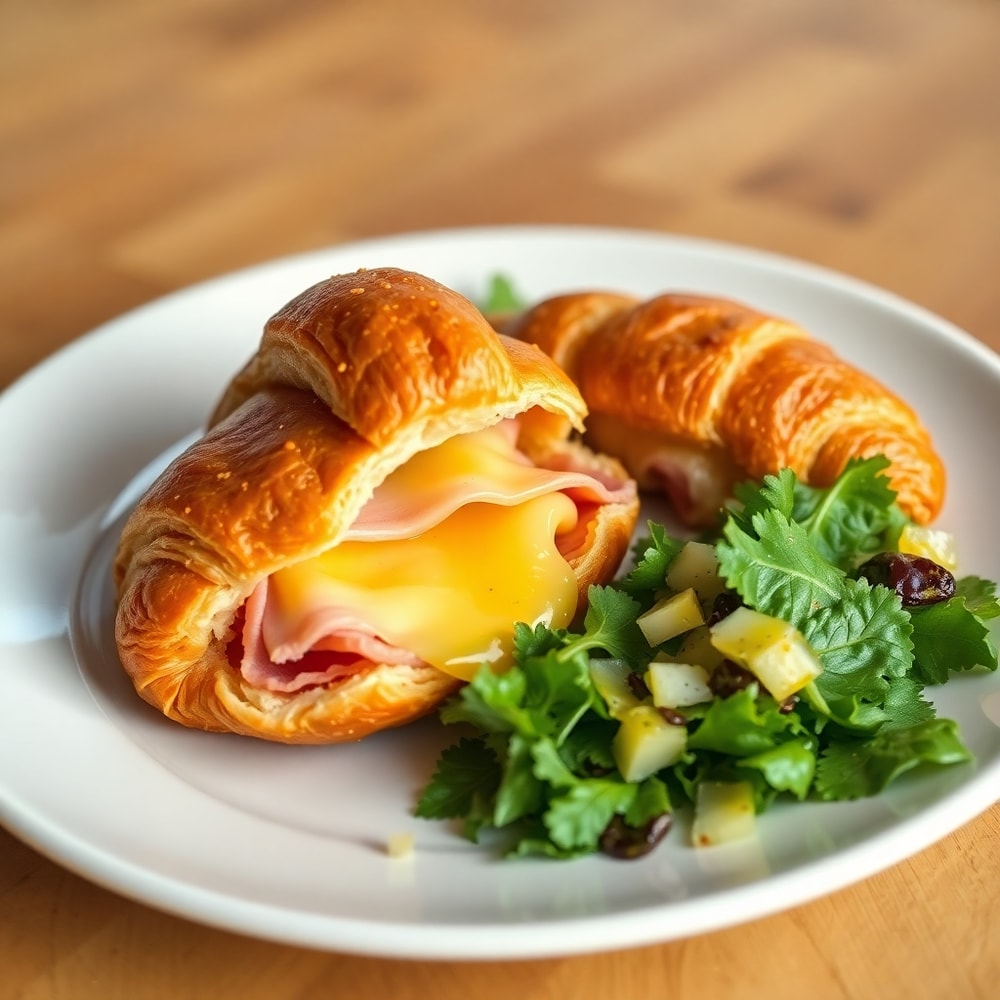 A plated serving of ham and cheese croissant with a side of mixed greens