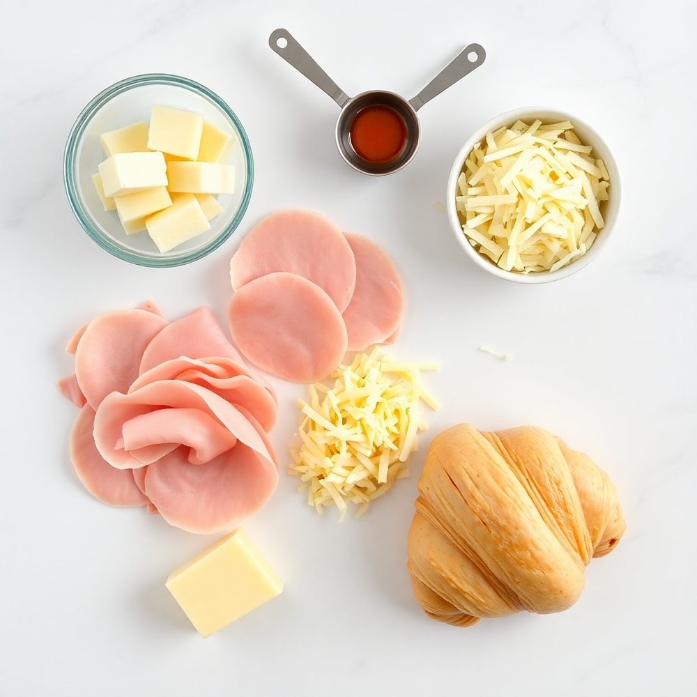 An overhead shot of ham, cheese, butter, and croissant dough on a marble surface