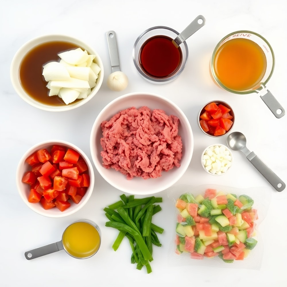 Raw ingredients for Easy Hamburger Soup laid out