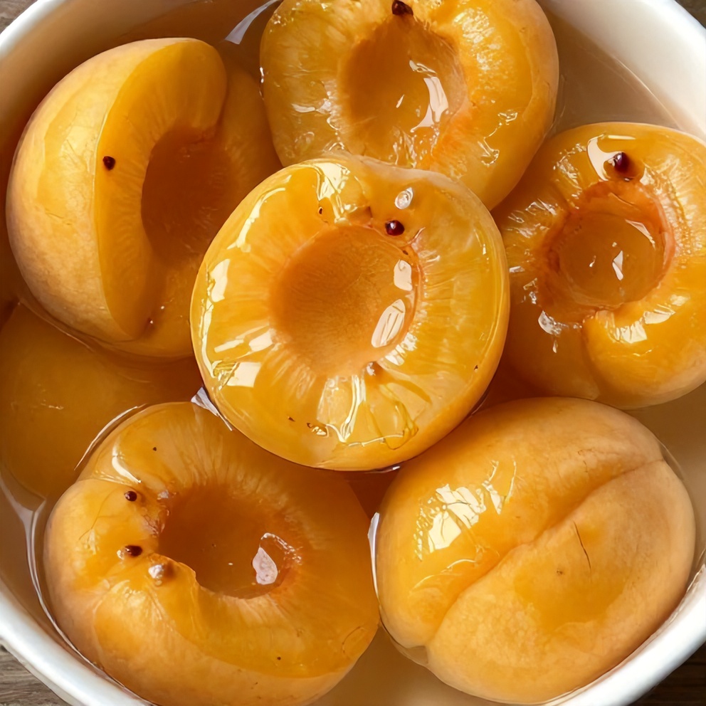 Canned peaches in light syrup with vanilla bean ready to serve