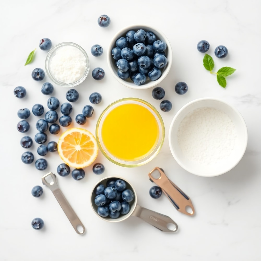 Blueberries, lemon juice, water, and sweetener on a wooden surface