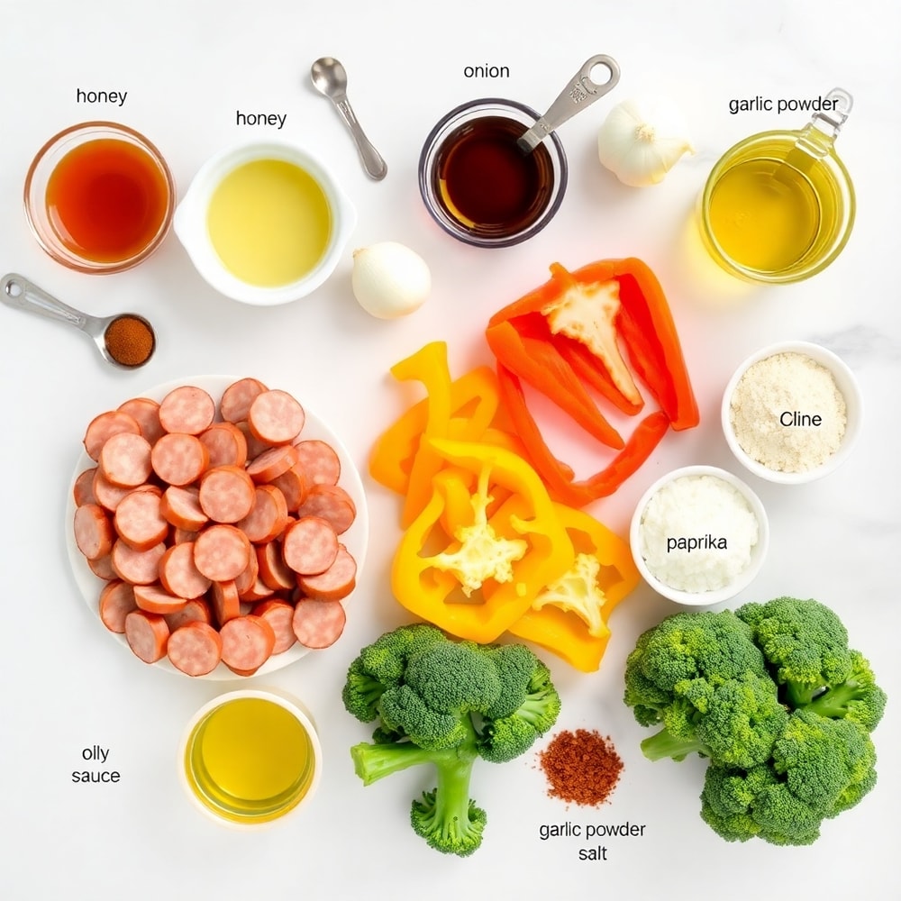 Raw Ingredients for Honey Garlic Kielbasa and Veggies