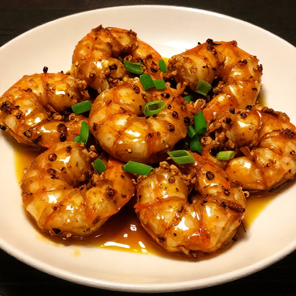 Plated Honey Garlic Shrimp with green onions