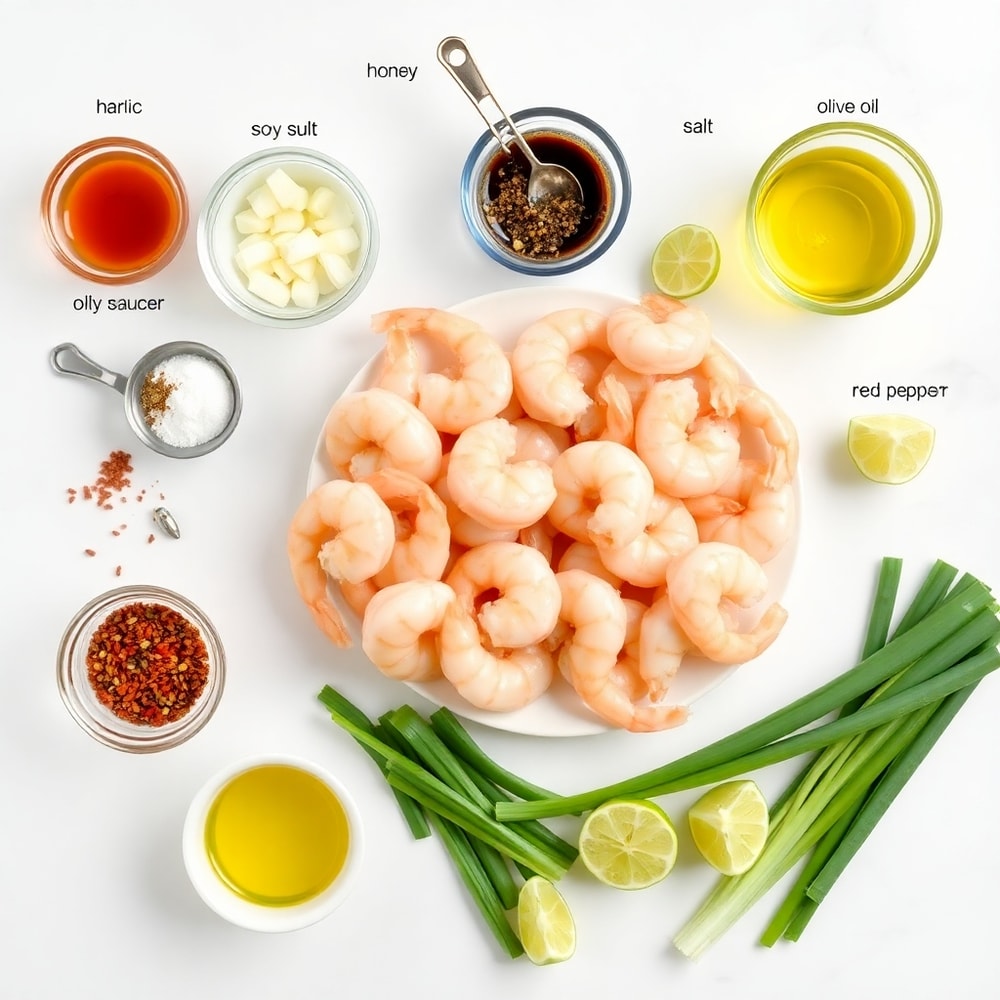 Raw ingredients for Honey Garlic Shrimp on a marble surface