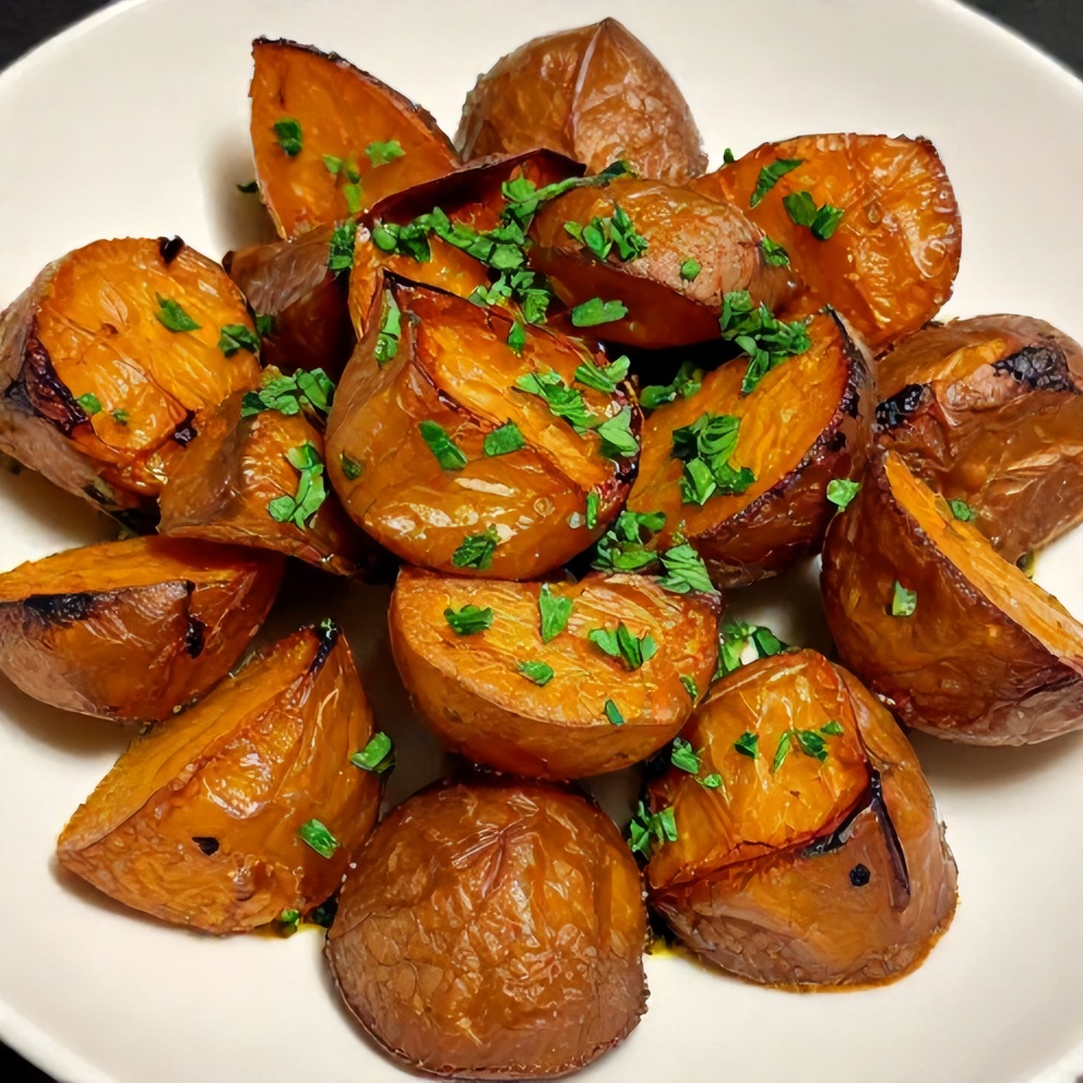 Plated honey roasted sweet potatoes with garnish