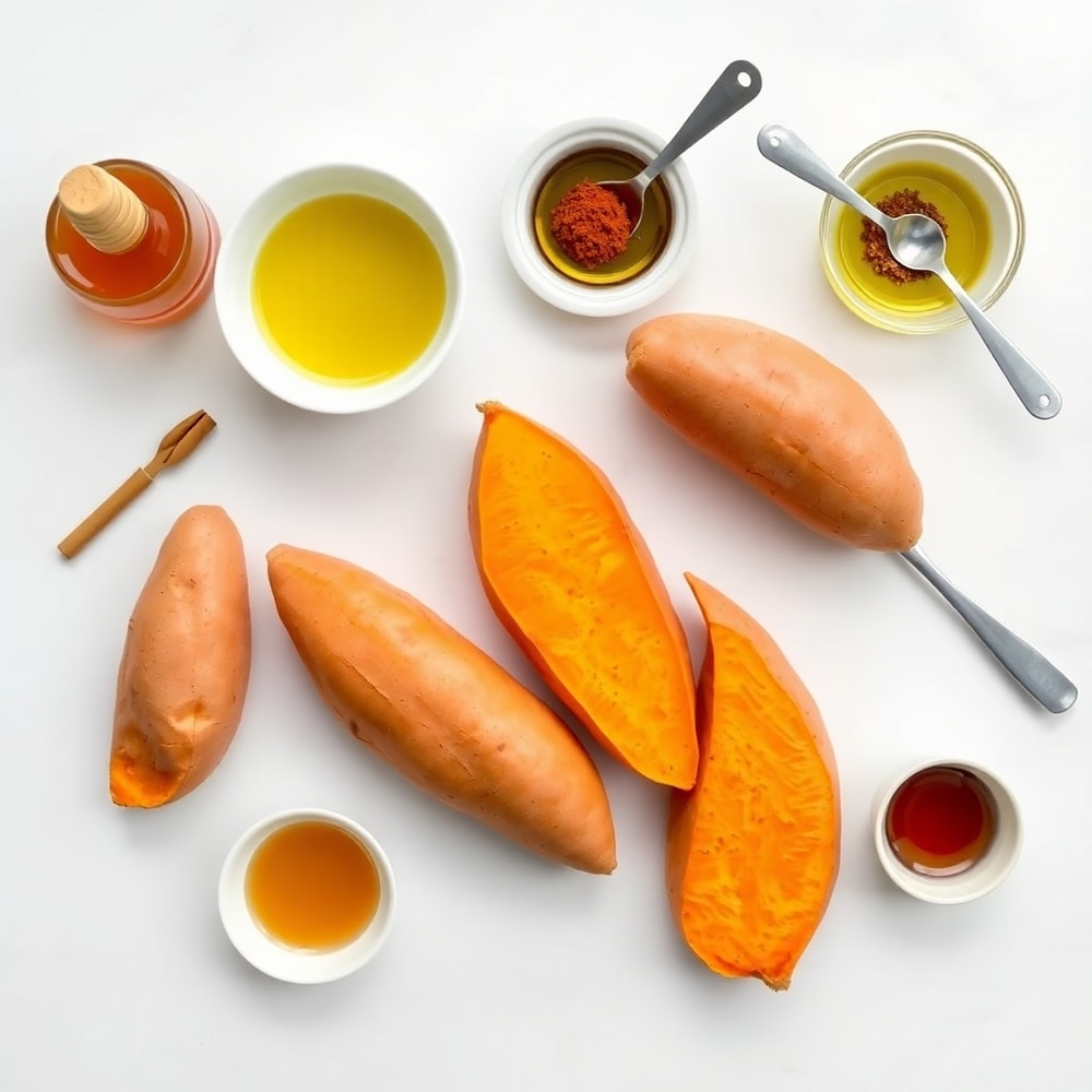 Raw ingredients for honey roasted sweet potatoes