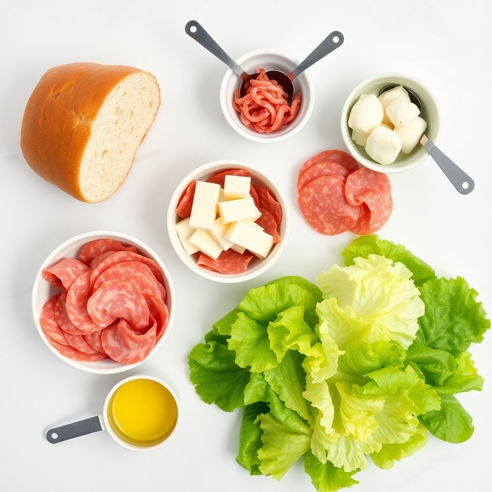 Raw ingredients for Italian Grinder Salad Sandwich on a marble surface