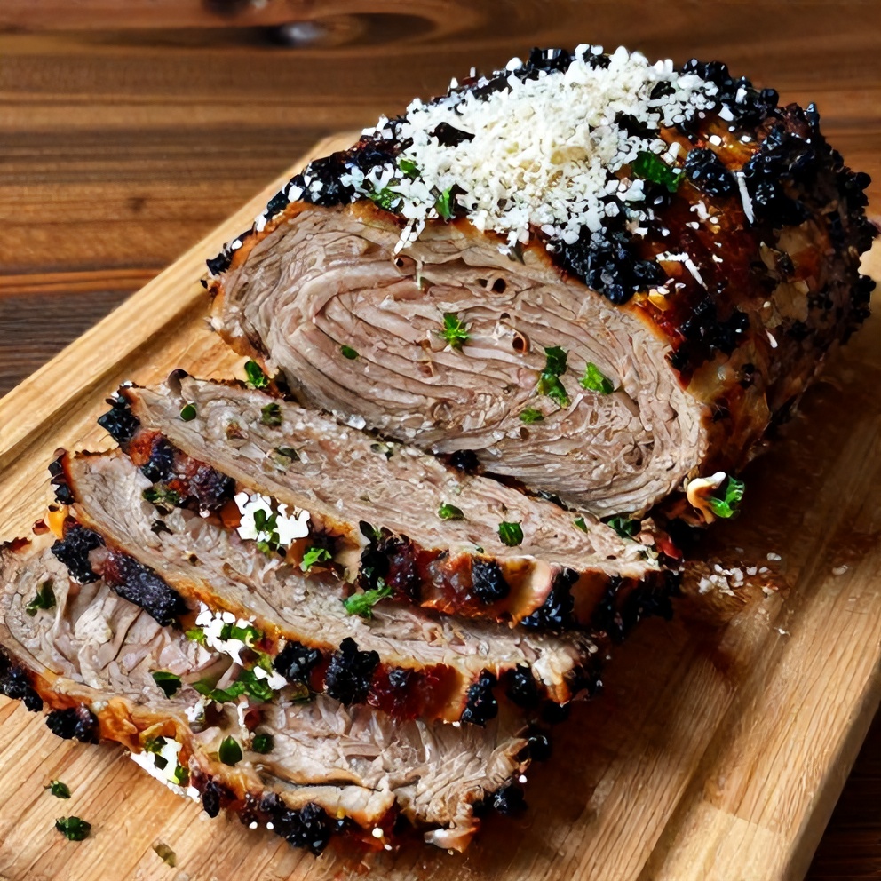 Sliced Italian Pot Roast with herbs on a wooden cutting board