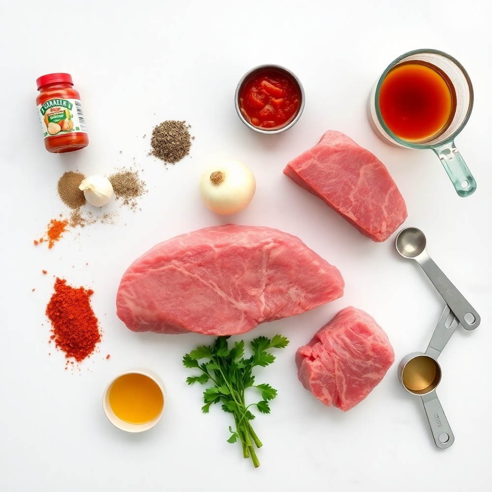 Raw ingredients for Italian Pot Roast arranged on a marble surface